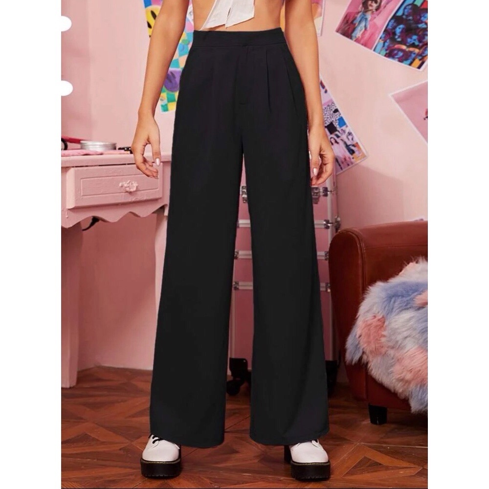 Black high waisted fold zipper wide leg pants